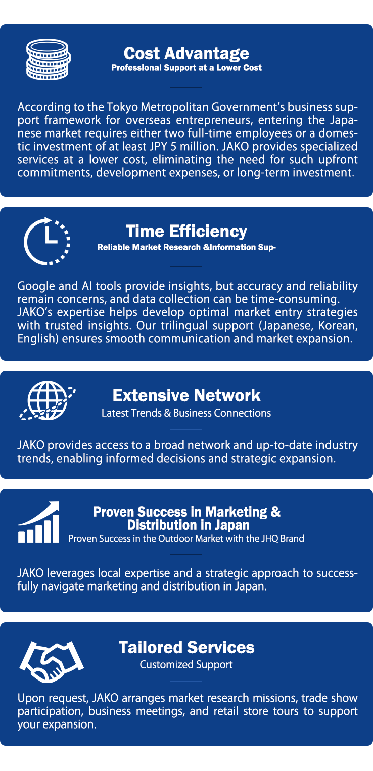 Cost Advantage, Time Efficiency
                Reliable Market Research &Information Support, Extensive Network 
                Latest Trends & Business Connections, Proven Success in Marketing & Distribution in Japan, Tailored Services 
                Customized Support